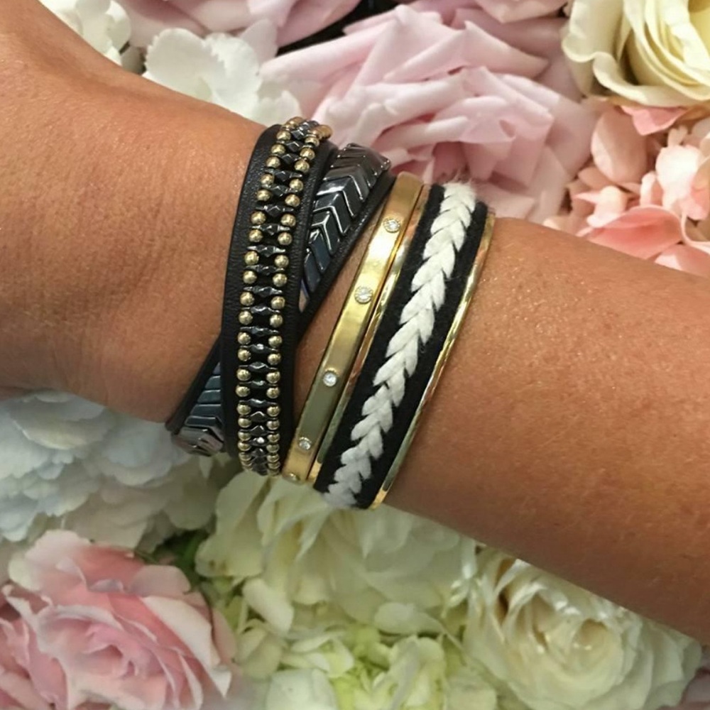Stella & dot ~ gilded beaded black gold leather wrap bracelet
